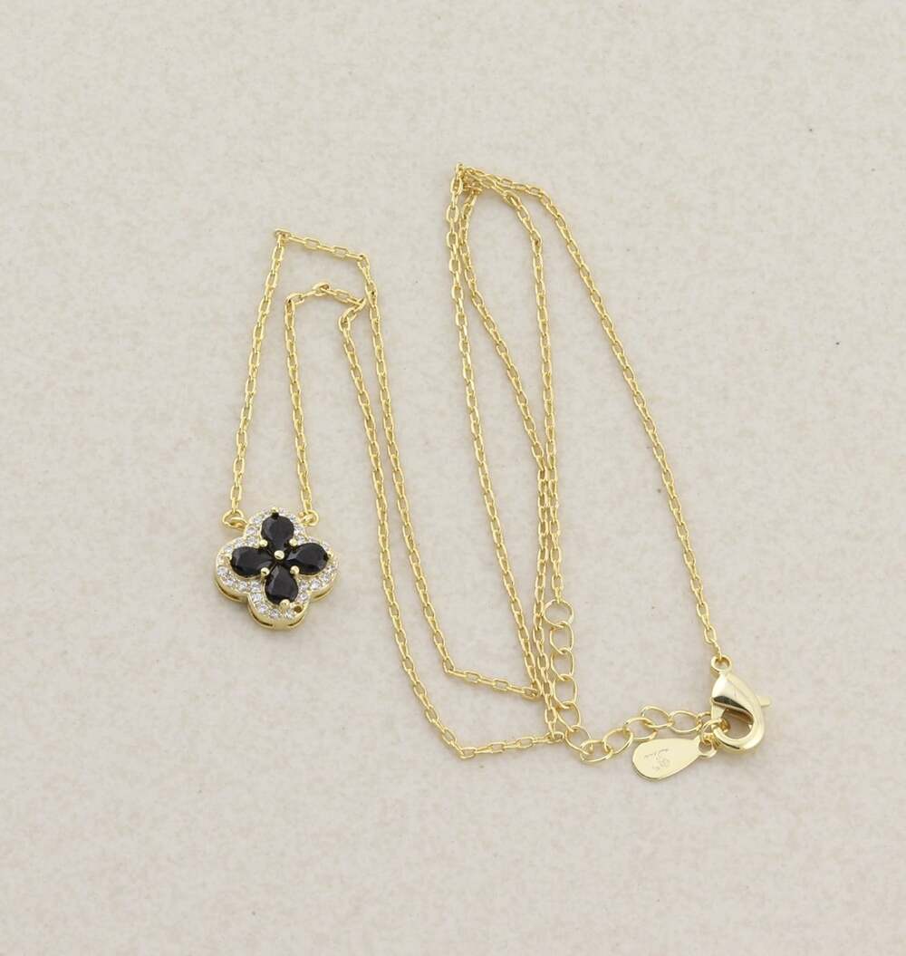 18k Gold Plate Blue & White Cubic Zirconia Clover or Flower Necklace 16.5" 17.5